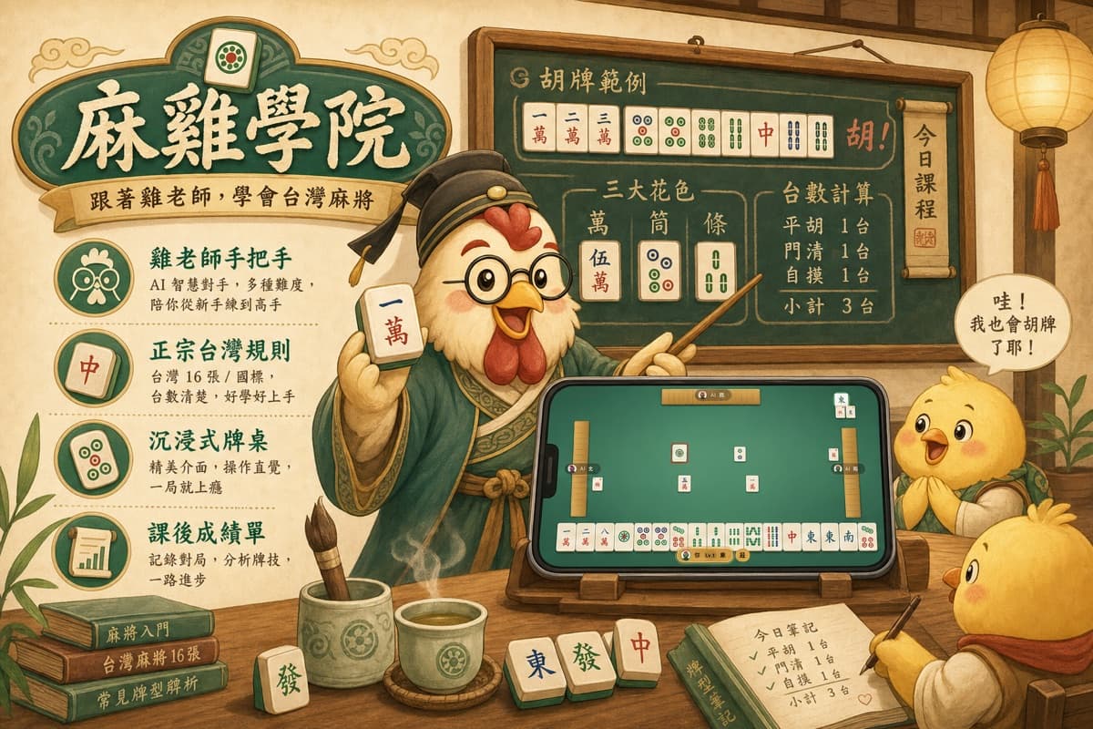 麻雞學院 — 雞老師在黑板前教台灣麻將,小雞學生聽課